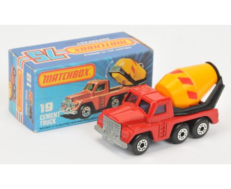 Matchbox Superfast 19c Cement Truck - bright red body with curved rear wheelarch, RARE PURPLE WINDOWS, dark yellow plastic ba