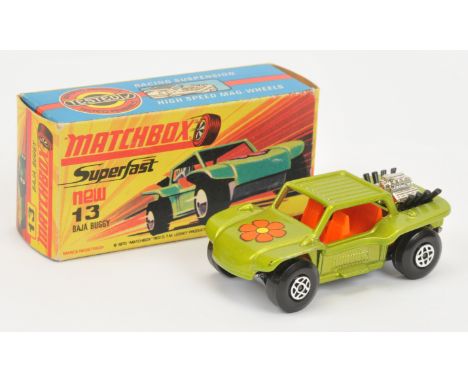 Matchbox Superfast 13b Baja Buggy - metallic darker green body with 13 x side vents, Flower hood label, orange interior, blac
