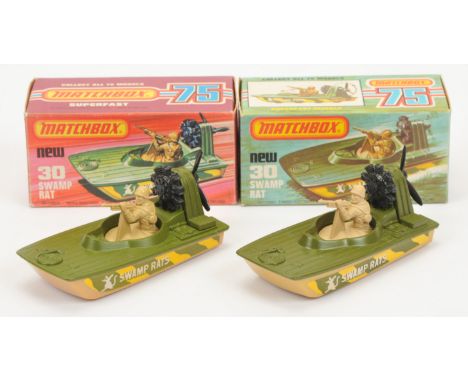 Matchbox Superfast 30c Swamp Rat Air Boat pair (1) darker shade military green deck, light tan plastic base; (2) lighter shad