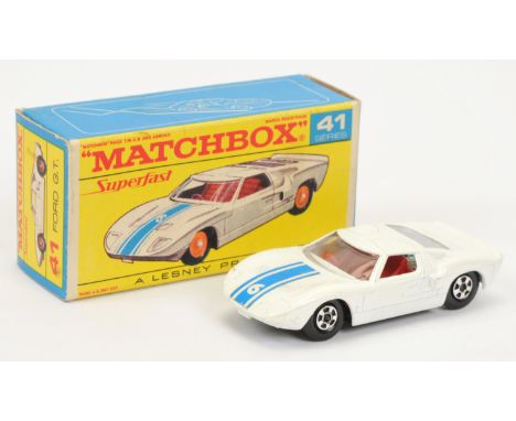 Matchbox Superfast 41a Ford GT40 - white body with racing number 6 nose label, clear windows, maroon interior, gloss black ba