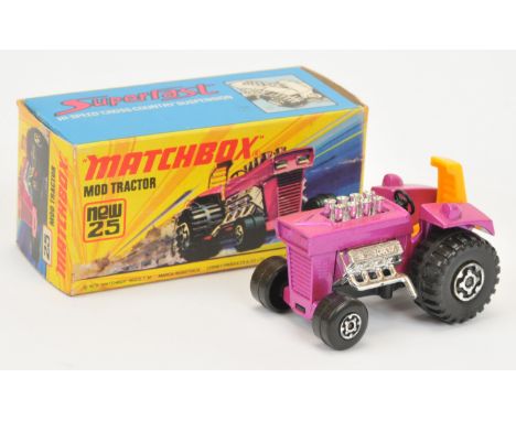 Matchbox Superfast 25b Mod Tractor - metallic candy pink body with cast rear lamps, dark yellow seat, matt black base, Maltes