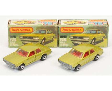 Matchbox Superfast 55d Ford Cortina pair (1) metallic green body, clear windows, red interior, bare metal base (2) similar bu