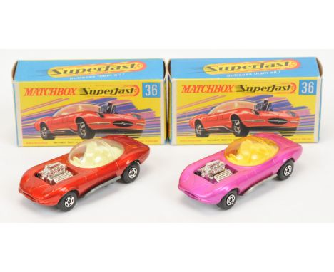Matchbox Superfast 36b Hot Rod Draguar pair (1) metallic red body with engine braces, clear canopy, ivory interior, bare meta