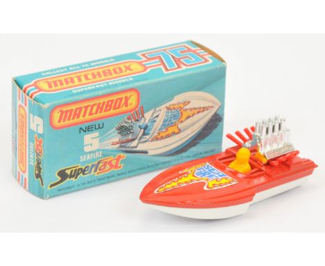 Matchbox Superfast 5b Seafire Power Boat - red deck, lemon yellow hull, red driver, red engine exhausts - Near Mint in Near M