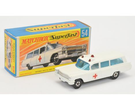 Matchbox Superfast 54a Cadillac Ambulance - white body with silver grille &amp; small red cross door labels, blue windows, gl