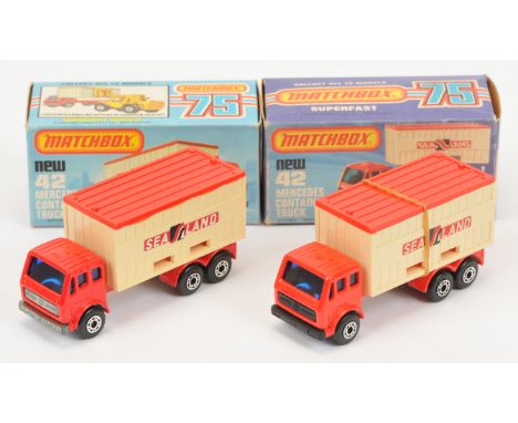 Matchbox Superfast 42c Mercedes Container Truck "Sea land" pair (1) red cab &amp; chassis, dark blue windows, matt black base
