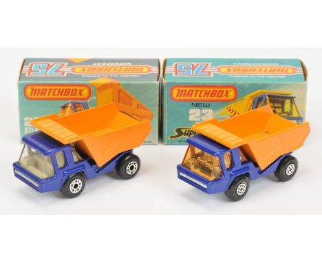 Matchbox Superfast&nbsp; 23b Atlas Tipper Truck - (1) metallic dark blue cab &amp; chassis, orange tipper body, chrome interi