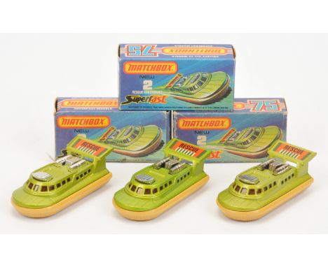 Matchbox Superfast 2c Rescue Hovercraft group - all have tan skirt, chrome engines &amp; dark amber windows, body colour vari