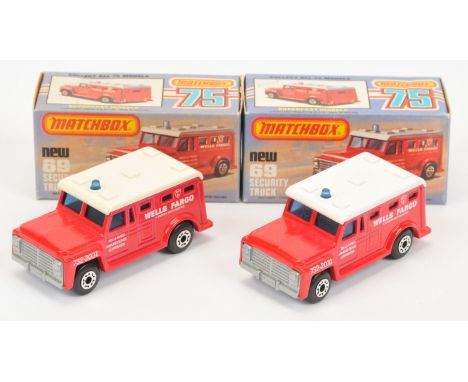 Matchbox Superfast 69c Armoured Security Truck pair (1) brighter red body, "732-2031" front wing tampo print, white plastic r