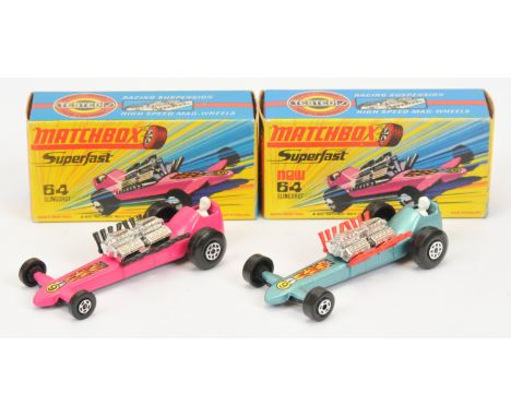 Matchbox Superfast 64b Slingshot Dragster pair (1) metallic silver-blue body with yellow stripe racing number 3 label, red en