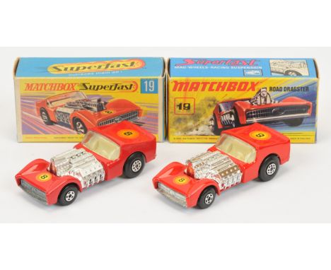 Matchbox Superfast 19b Road Dragster pair (1) red body, ivory interior with vertical racing number 8 labels, bare metal base,