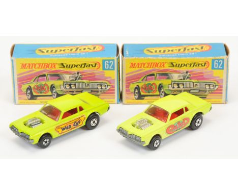 Matchbox Superfast 62b Mercury Cougar Rat Rod Dragster (1) bright lime green body, clear windows, red interior, bare metal ba