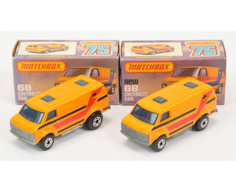 Matchbox Superfast&nbsp; 68c Chevrolet Van pair (1) orange body with red &amp; black striped tampo print, bare metal base blu