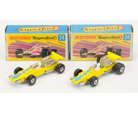 Matchbox Superfast 34a Formula 1 Racing Car pair (1) lemon yellow body with yellow arrow racing number 16 nose label, clear w