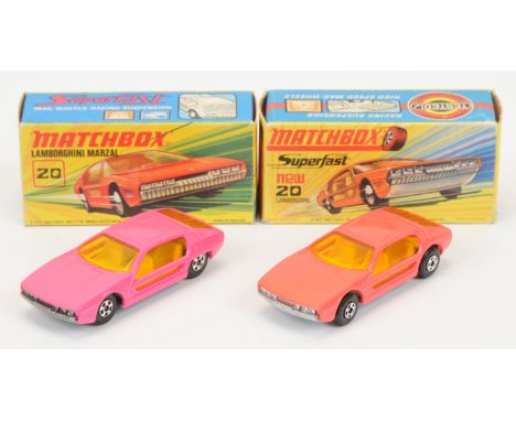 Matchbox Superfast 20a Lamborghini Marzal pair (1) hot pink body with low wheel arches, amber windows, solid narrow 5-spoke w