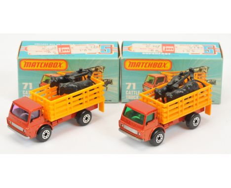 Matchbox Superfast 71c Dodge Cattle Truck pair (1) metallic bronze cab &amp; chassis without rear tow hook cut-out, dark gree