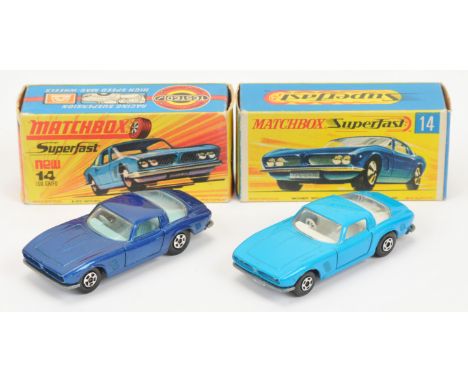 Matchbox Superfast 14a Iso Grifo pair (1) metallic dark blue body, clear windows, dark blue interior, bare metal base, solid 