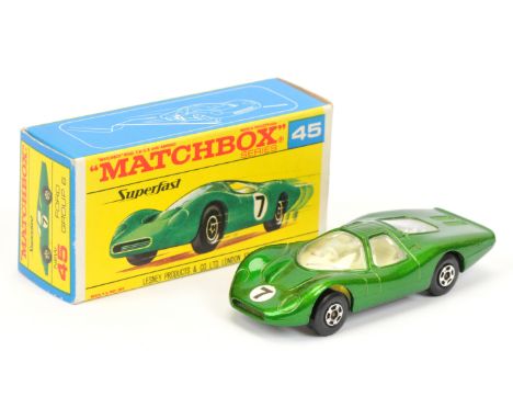Matchbox Superfast 45a Ford Group 6 - metallic dark green body with circular racing number 7 nose label, clear windows, ivory