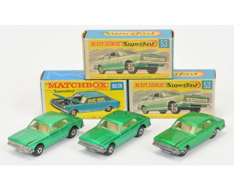 Matchbox Superfast 53a Ford Zodiac group (1) light metallic green, clear windows, ivory interior, 5-spoke narrow wheels, bare