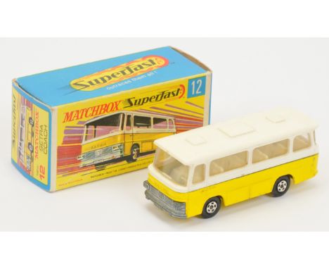 Matchbox Superfast 12b Setra Coach - lemon yellow body with thick rear bumper casting, white roof, clear windows, ivory inter