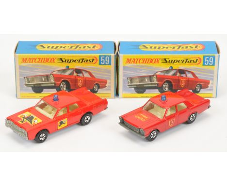Matchbox Superfast pair (1) 59a Ford Galaxie Fire Chief Car - red body with hood &amp; door labels, blue roof-light, clear wi