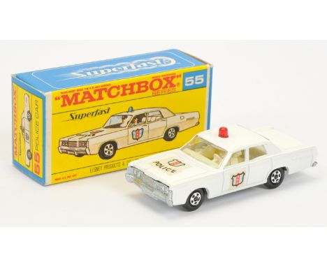 Matchbox Superfast 55a Mercury Park Lane Police Car - white body, red roof-light, clear windows, ivory interior, bare metal b