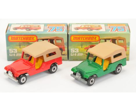 Matchbox Superfast 53c Jeep CJ6 pair&nbsp; (1) red body, tan roof, black interior, bare metal "Jeep CJ6" base, 5-crown wheels