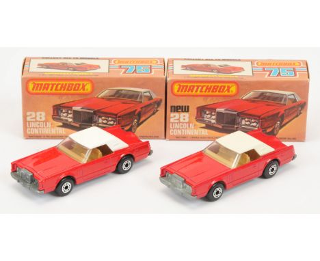 Matchbox Superfast&nbsp; 28c Lincoln Continental pair (1) lighter shade red body, tan interior, white plastic roof, clear win