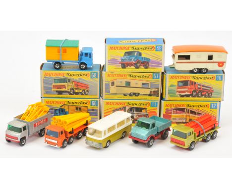 Matchbox Superfast group of Commercial vehicles. (1)10a Leyland Pipe Truck - orange with pipes on sprue; (2) 11a Mercedes Sca