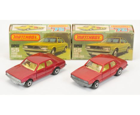 Matchbox Superfast 55d Ford Cortina pair (1) metallic red body, clear windows, pale yellow interior, bare metal base, dot-das