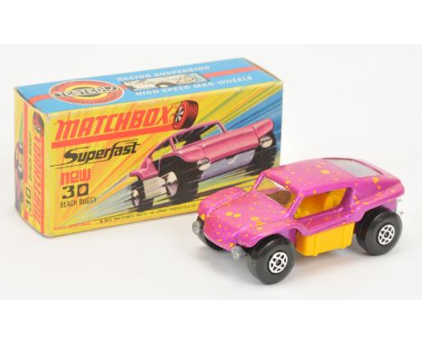 Matchbox Superfast 30b Beach Buggy - metallic candy pink body with low to medium yellow splatter, clear windows, dark yellow 