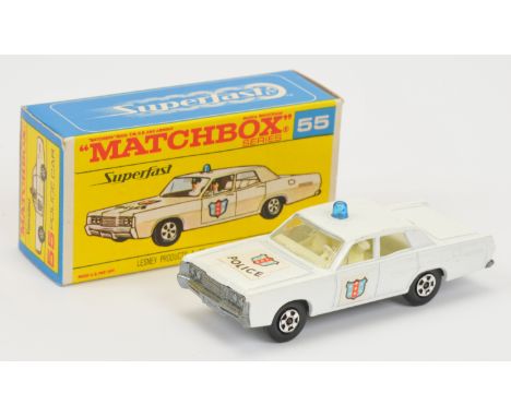 Matchbox Superfast 55a Mercury Park Lane Police Car - white body, blue roof-light, clear windows, ivory interior, bare metal 