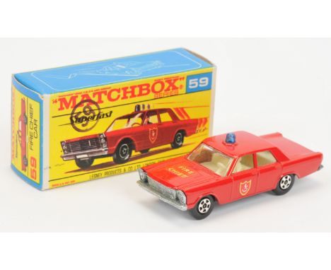 Matchbox Superfast 59a Ford Galaxie Fire Chief Car - red body, blue roof-light, clear windows, ivory interior, bare metal bas