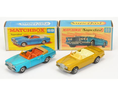 Matchbox Superfast 69a Rolls Royce Silver Shadow Convertible pair (1) metallic blue body, amber windscreen, burnt sienna inte
