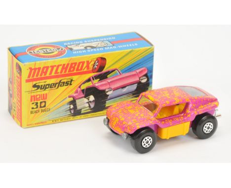 Matchbox Superfast 30b Beach Buggy - lighter metallic candy pink body with high yellow splatter, clear windows, dark yellow i