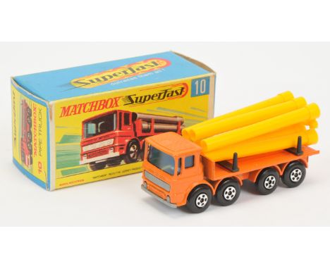 Matchbox Superfast 10a Leyland Pipe Truck - lighter orange body, RARE SILVER-GREY PLASTIC GRILLE &amp; BASE, yellow plastic p