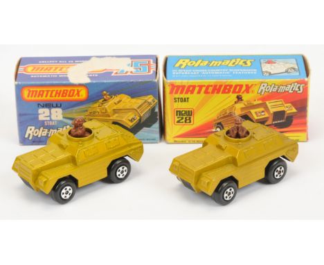 Matchbox Superfast 28b Stoat Armoured Car pair (1) dark&nbsp; metallic gold body, matt black base with patent number, 5 spoke