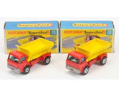 Matchbox Superfast 70a Ford D800 Grit Spreading Truck pair (1) bright red cab and chassis, light green windows, matt darker s