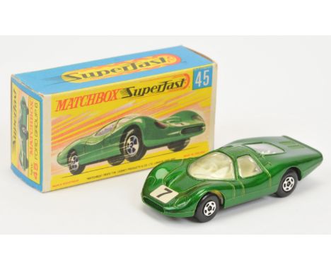 Matchbox Superfast 45a Ford Group 6 - metallic green body with square racing number 7 nose label, clear windows, ivory interi