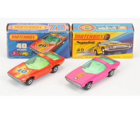 Matchbox Superfast 40a Vauxhall Guildsman pair -&nbsp; (1) pink body with black background flame hood label, turquoise green 