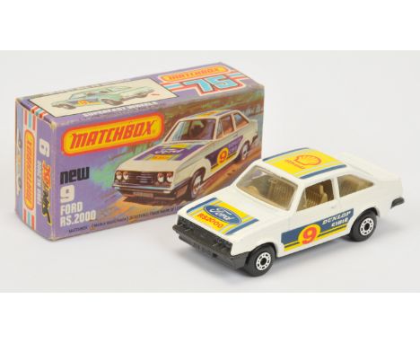Matchbox Superfast 9c Ford Escort RS2000 - white body with racing number 9 labels, clear windows, dark tan interior, GRAPHITE