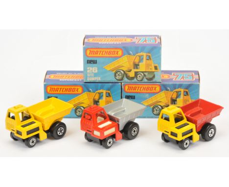 Matchbox Superfast 26c Site Dumper group (1) yellow cab &amp; dump, matt black interior, 5-spoke front wheels ; (2) similar b