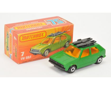 Matchbox Superfast 7c Volkswagen Golf - metallic lime green body, dark amber windows, dark yellow interior, matt black base, 