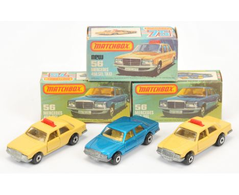 Matchbox Superfast 56c Mercedes 450 SEL group (1) metallic blue body, clear windows, tan interior, bare metal base, dot dash 