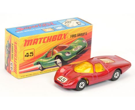Matchbox Superfast 45a Ford Group 6 - magenta body with racing number 45 nose label, light amber windows, pale yellow interio