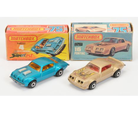 Matchbox Superfast pair (1) 4c Pontiac Firebird - metallic kingfisher blue body, amber windows, chrome interior, bare metal b