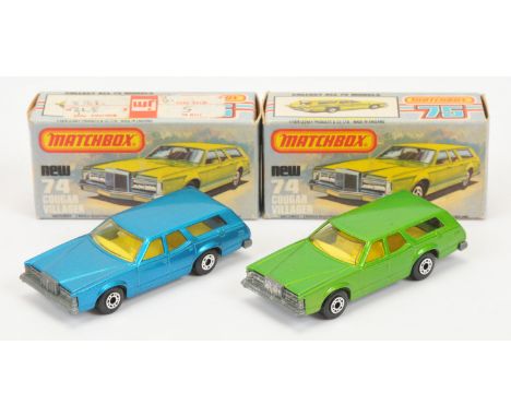 Matchbox Superfast 74c Cougar Villager Station Wagon pair (1) metallic blue body, clear windows, lemon yellow interior, bare 