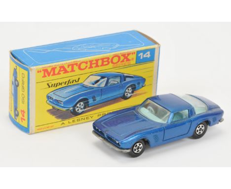Matchbox Superfast 14a Iso Grifo - metallic dark blue body, clear windows, dark blue interior, bare metal base, solid 5-spoke
