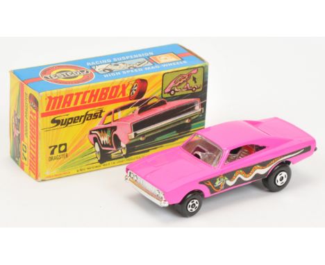 Matchbox Superfast 70b Dodge charger Dragster - dark pink body with light green snake label, gloss black base, small diameter
