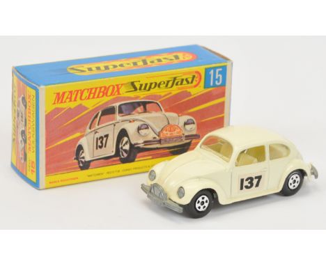 Matchbox Superfast 15a Volkswagen Beetle Rally Car - light cream body with racing number 137 door labels, without front bumpe